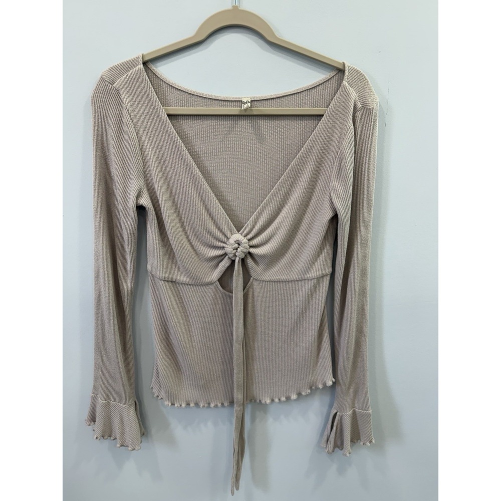 Free People Say When Ribbed Long Sleeve Top M Keyhole Tie Front Ruffle Cuff